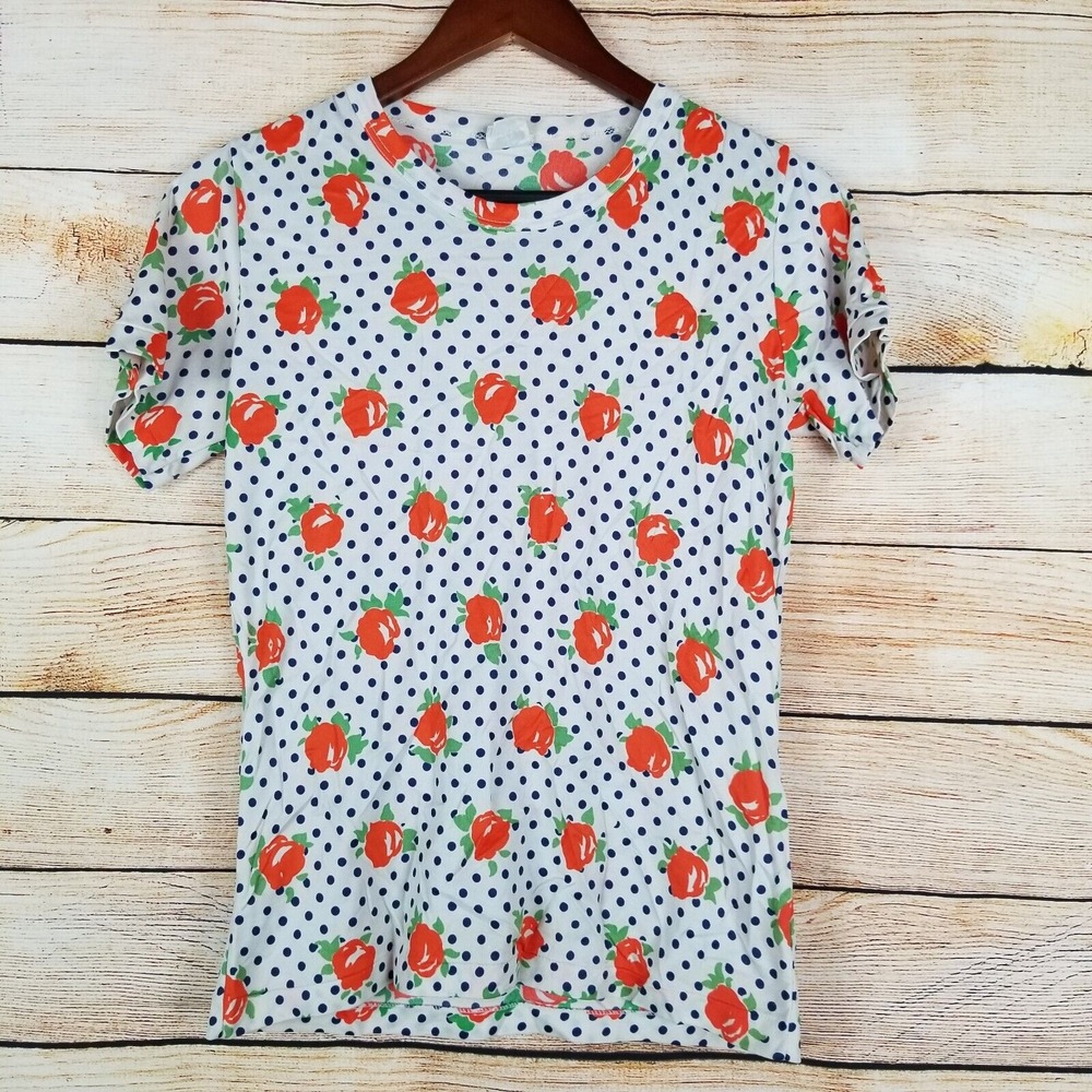Vtg‎ 70s 80s Womens L White Orange Roses Polka Dot Single Stitch TShirt Stretchy